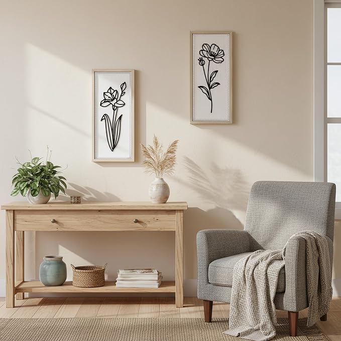 White Floral Bathroom Wall Decor Set of 2, Wood-Framed 3D Wall Art Panels | Raised floral cutouts in rectangular frames, ready to hang; neutral boho farmhouse decor for bedrooms, hallways and entryways