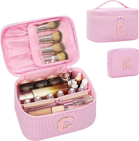 MONSTINA Personalized Initial Makeup Bag| Toiletry Bag for Girls&Women,Make Up Case for Girlfriend Bridesmaid Wife,Birthday Gift for Her Cute,2PCS,Pink C