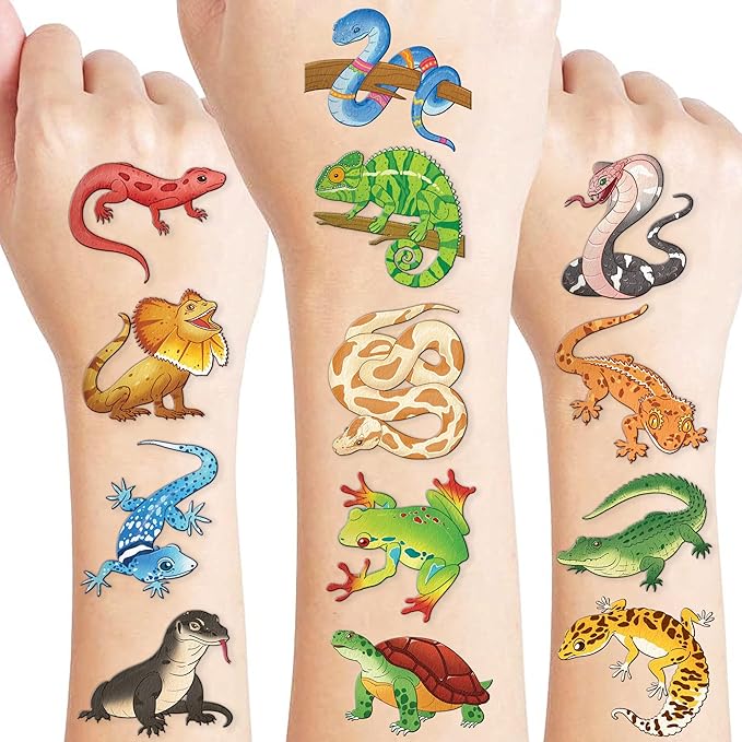 96 PCS Reptile Animal Safari Jungle Lizard Pre-Cut Temporary Tattoos for Kids | Super Cute Themed Birthday Party Favors, Supplies, Decorations, Fake Tattoo Stickers (Multiple)