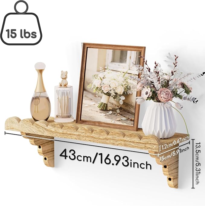 Scalloped Wood Wall Shelf – 17 Inch Floating Shelf with Wood Brackets, Easy to Install Rustic Wall Shelf for Living Room, Bedroom, Bathroom, or Any Space - Light Brown