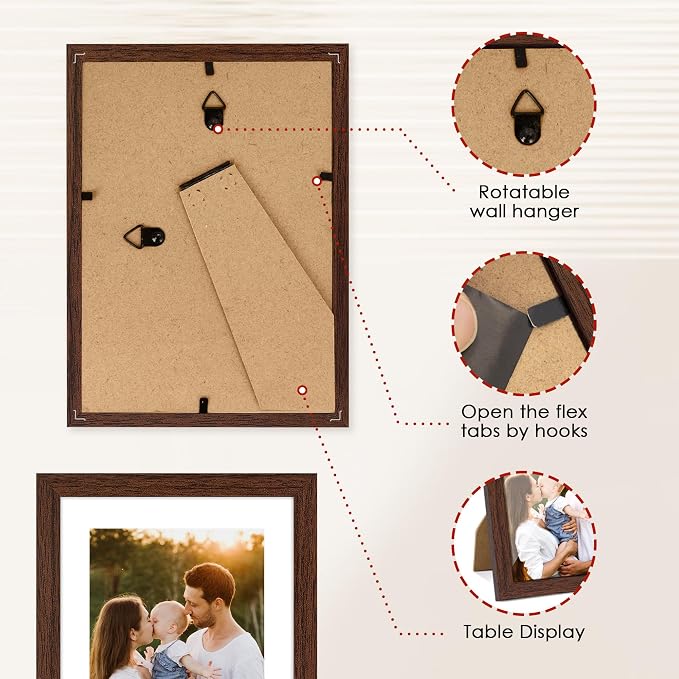5x7 Picture Frame Set of 2, Photo Frame with HD Plexiglass, Display Pictures 4x6 with Mat or 5x7 Without Mat, Brown Picture Frames Collage for Tabletop or Wall Display