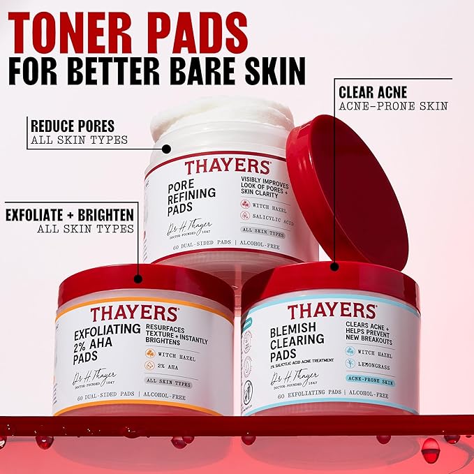 Thayers Pore Refining Toner Pads, Dual-Sided Exfoliating Pads with Witch Hazel, Salicylic Acid & Hyaluronic Acid to Improve Look of Pores and Skin Clarity, Made For All Skin Types, 60 Count