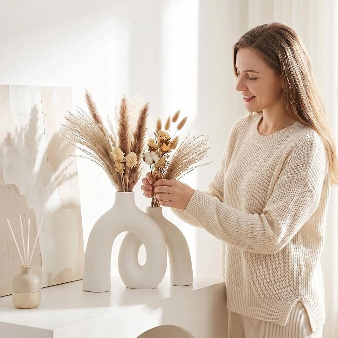 CEMABT Modern Nordic Boho Vase Set - Elegant White Matte Ceramic Home Decor for Living Room, Bookshelf, Mantel, Entryway Table & Console Décor | Shelf Decorations Gift