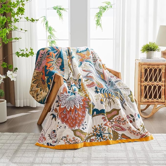 Boho Throw Blanket Farmhouse Decor Throw Blanket Bohemian Blanket for Bed 100% Cotton Muslin Woven Couch Blanket All Seasons Quilt Bedroom (J-Beige, 50"x60")