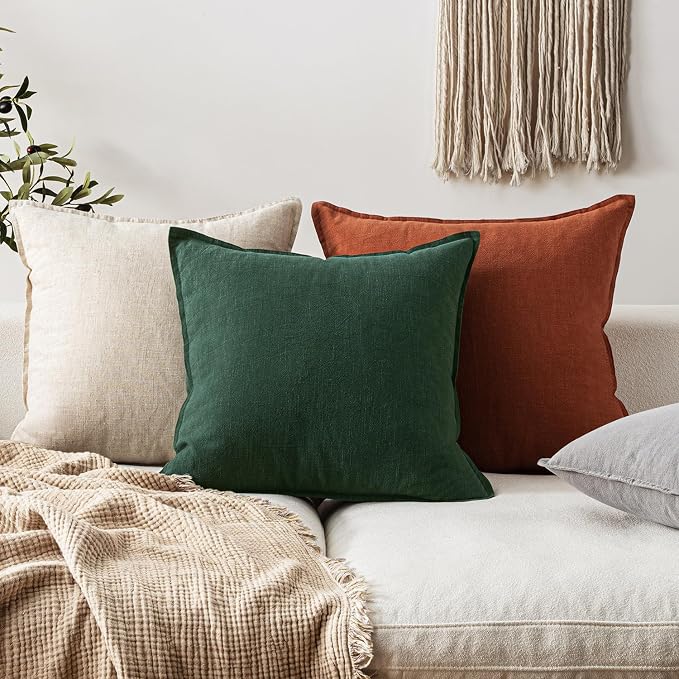 EMEMA Decorative Linen Throw Pillow Covers 20x20 Inch Green | Boho Farmhouse Neutral Couch Throw Pillows for Bed Pack of 2 Accent Pillowcase Modern Sofa Cushion Livingroom Home Decor