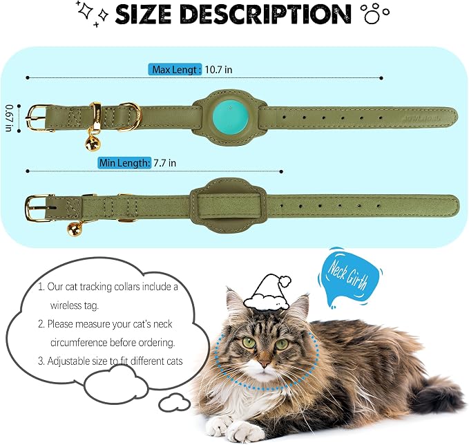 Cat Tracker, GPS Pet Tracker for Cats (Only iOS), Leather Cat Collar with Tracker, Works with Any Collar, No Monthly Fee, Compatible with Apple Find My App not for Android (Olive Green)