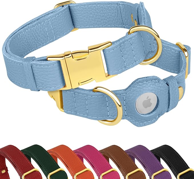Leather Airtag Dog Collar - Soft Tracking Dog Collar with Apple AirTag Holder and Metal Buckle - Safety GPS Pet Collars for Small Medium Large Dogs Puppy Pink Red (Cornflower, L, 17"-21" Neck Fit)