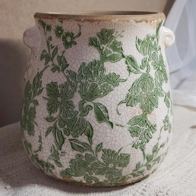 Vintage Green and White Ceramic Floral Vase Planter, Rustic Crackle Glaze Pottery Jar, Hand-Painted Floral Pot Design for Flowers or Plants, Farmhouse & Cottage Home Decor Accent