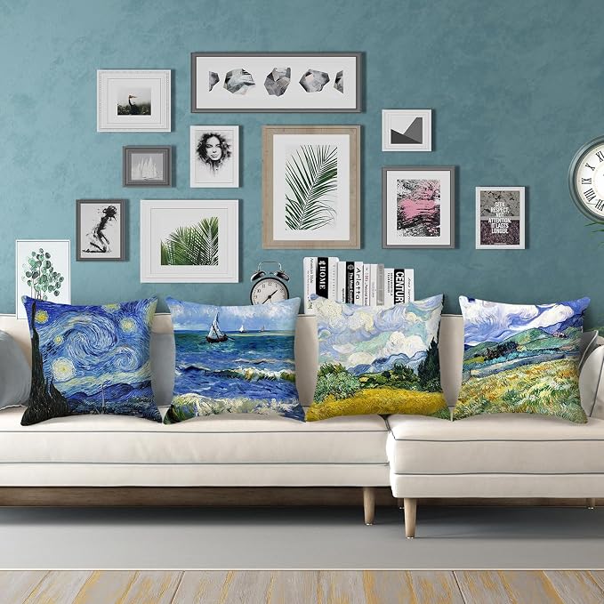 Vincent Van Gogh Pillow Cases Set of 4 Abstract Art Design Cushion Covers Square Decorative Pillow Covers for Famous Painting Fans 18 x 18 Inches