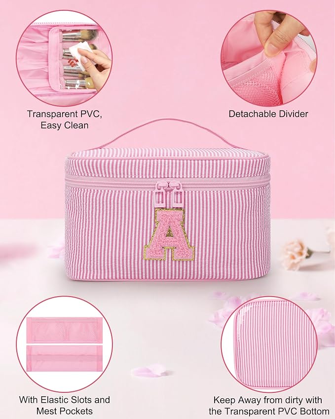 MONSTINA Monogram Cosmetic Bag with Brush Holder,Gifts for Girls Teen Girls-Initial Makeup Bag|Personalized Gifts for Women Friends|Cute Toiletry Make Up Traveling Stuff Organizer 2PCS Pink D