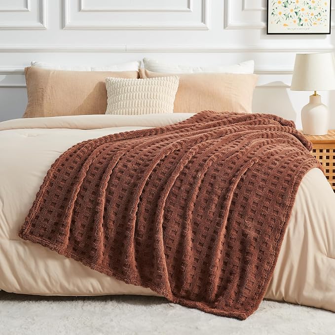 NEWCOSPLAY 3D Waffle Checkered Flannel Queen Blanket, Coffee, 90"x90" | Super Soft Cute Lightweight Decorative Premium Silky Fleece Blanket for Couch Sofa Bed, Gift for Women Men, All Season Use
