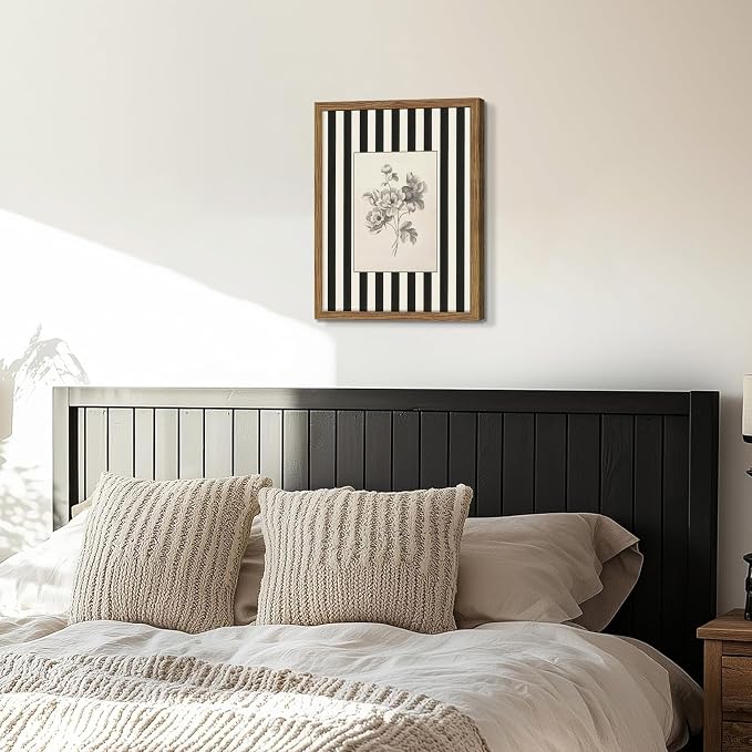 Framed Vintage Floral Wall Art, Black and White Stripes Flower Canvas Wall Decor Paintings, Minimalist Botanical Artwork Print Picture for Living Room Bedroom Bathroom 16x24 Inch