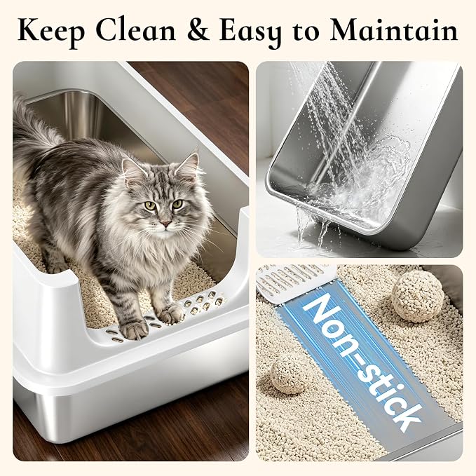 XL Open Top Stainless Steel Litter Box with High Sides, Gray | Extra Large Metal Cat Litter Pan , XL Litter Box, Non-Stick Easy Clean Anti-Leak Kitty Litter Pan, Odor Control, Open Top