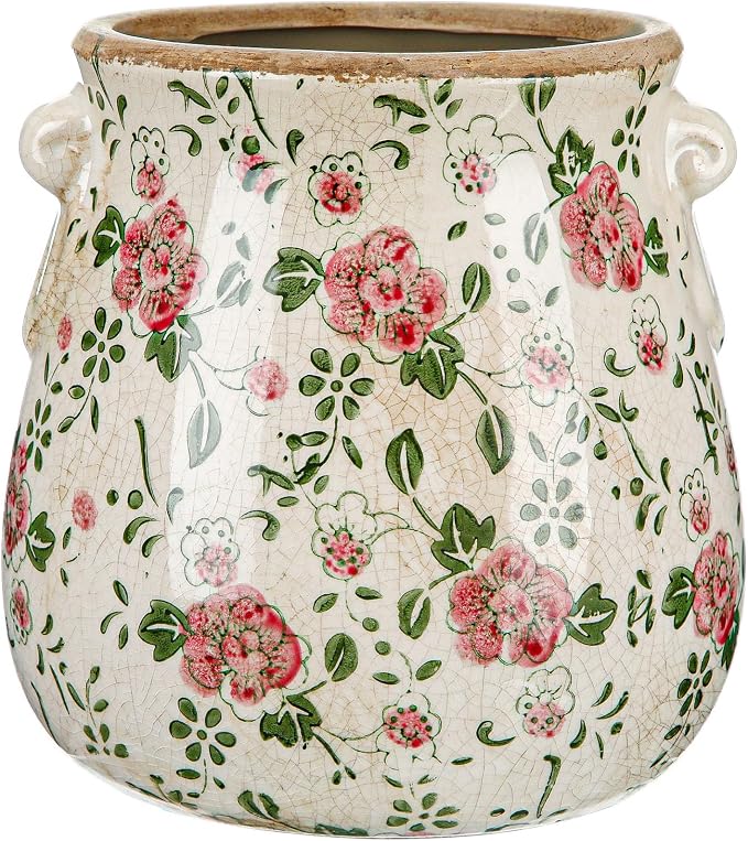 Ceramic Scroll Planter 6.5 Inch Chinoiserie Floral Vase with Drainage Holes Vintage Flower Vase Flower Pot Rustic Ceramic Pots for Indoor Plants Garden Home Bookshelf Decor (Red Plum)