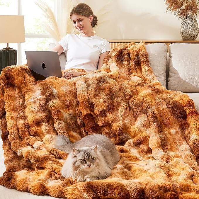 L'AGRATY Faux Fur Throw Blanket for Couch, 90''x90'' Tie-Dye Caramel Brown | Soft Cozy Bubble Fluffy Blanket for Sofa Bed, Thick Warm Plush Fuzzy Throw for Room Home Decor, Luxury Gift for Women Mom