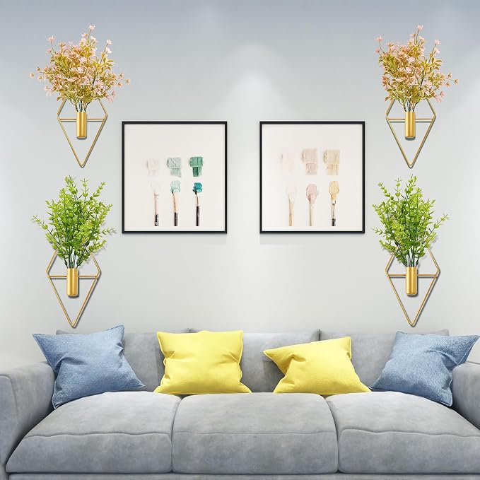 Yorkmills Plant Wall Decor Gold Hanging Vase with Pink Artificial Flowers | Diamond Metal Wall Planter Decorations Set of 2, Fake Plant Home Wall Decor for Living Room, Dining Room, Bedroom, Bathroom