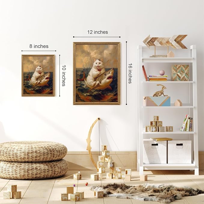 ICHZUMW Framed Funny White Cat Riding Shark Ocean Canvas Wall Art 8x10 In | Quirky Cat Drinking Wine Riding Shark Oil Painting, Humorous Bathroom Wall Decor, Bedroom Restroom Powder Room, Ready to Hang