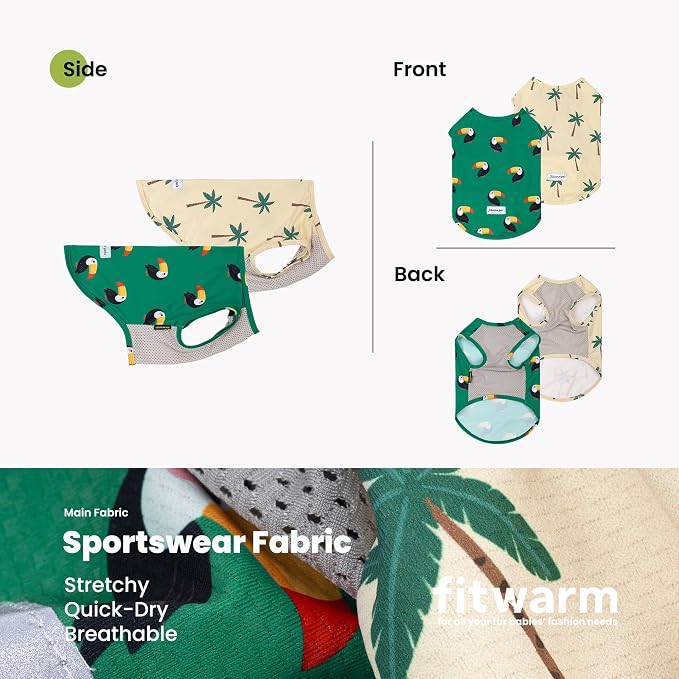 Fitwarm 2 Pack Toucan & Palm Tree UPF 50+ Sun UV Protection Dog Shirt, Lightweight Cooling Vest, Quick Dry Summer Clothes for Small Dogs Boy Girl, Pet Outfit, Green, Beige, XL
