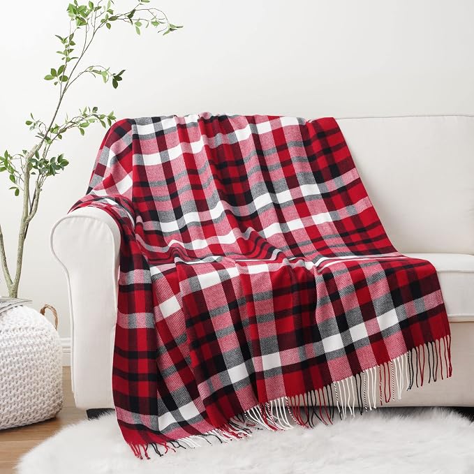 Christmas Red Plaid Throw Blanket for Couch, Red Buffalo Plaid Blanket | Super Soft Woven Throw Blanket with Tassels, Decorative Christmas, Lightweighet,Ideal for Bed Sofa Home Decor