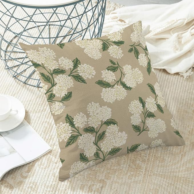 AEIOAE Spring Pillow Covers 16x16 Inch Set of 2, Beige Green Hydrangea Flower Throw Pillows Case,Floral Summer Outdoor Seasonal Decorative Farmhouse Decor Cushion Covers for Home Sofa Bed Couch