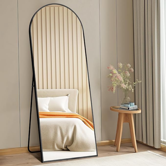 DUMOS 56"x15" Arched Full Length Mirror with Stand, Full Body Floor Mirror | Free Standing or Wall Mount, Nano Glass Aluminum Frame, Hanging or Leaning, Modern Simple Home Decor, Black