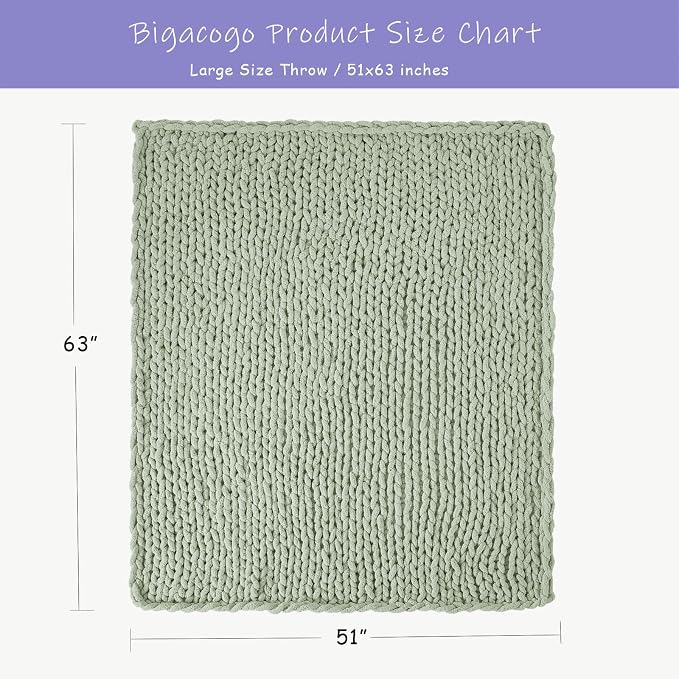Bigacogo Chunky Knit Throw Blanket for Couch, 51x63 inches, Sage Green | Hand Knit with Jumbo Chenille, Soft Breathable Cable Knit for Sofa Bed Living Room, Machine Washable, Gift for Mom Friend