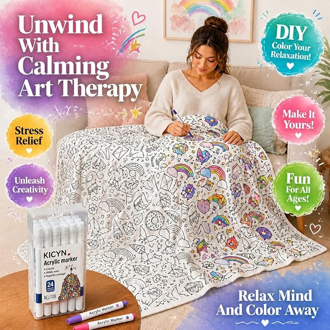 DIY Coloring Blanket with 24 Markers, Custom Color Blankets for Adults | Color In Your Own Blankets With 24 Colors Markers, Snuggle Color Sketch Washable Cozy Blankets Kit Home Decor