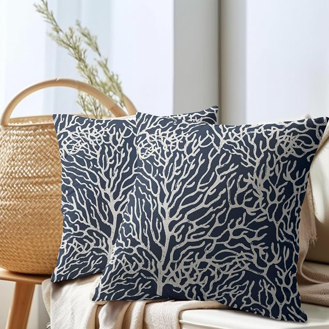Nautical Coastal Coral Pillow Covers 20x20 Inch Set of 2 Summer Ocean Beach Navy Blue Decorative Pillow Cases Outdoor Linen Cushion Cover Farmhouse Decor for Bedroom Home Sofa Couch Bed