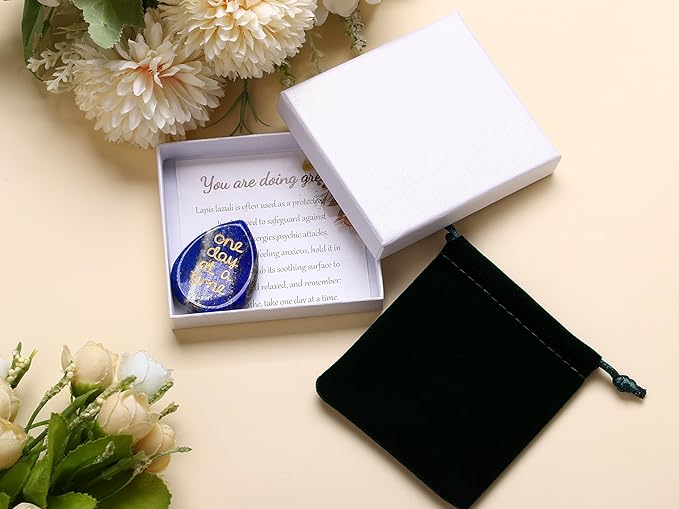 LAIDANLA Worry Stone for Anxiety Lapis Lazuli Healing Crystal Sensory Fidget Thumb Stones Relief Items One Day at A Time Meditation Inspirational Sobriety Thinking of You Gifts for Women Men