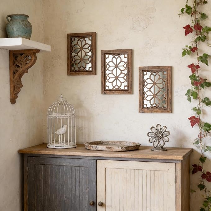 Set of 2 11x15 Inch Rectangular Shatterproof Maroon Decorative Wall Mirrors, Boho Farmhouse Rustic Vintage Accent Mirrors for Living Room Bedroom Entryway & Home Decor