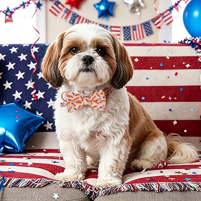ADOGGYGO 4th of July Dog Collar with Bow Tie, Detachable Patriotic Hot Dog Print Bowtie, Adjustable American Flag Collar for Small Dogs (S)