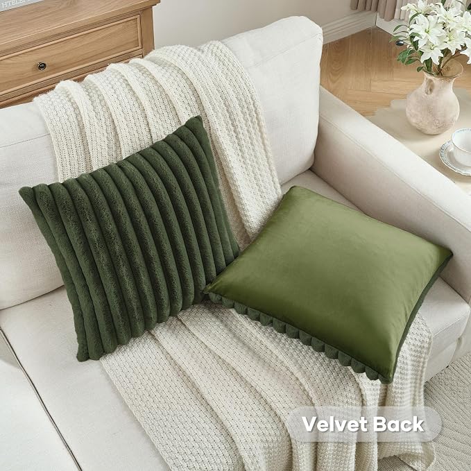 FUTEI Pack of 2 Faux Fur Throw Pillow Covers 28x28 Inch, Olive Green | Fluffy Faux Rabbit Fur Front/Premium Velvet Back,Hidden Zipper,Machine Washable,Non-Shedding,Colorfast,Insert Not Included.