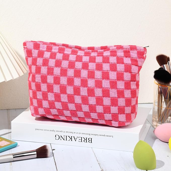 SOIDRAM 2 Pieces Makeup Bag Large Checkered Cosmetic Bag Capacity Canvas Travel Toiletry Bag Organizer Cute Makeup Brushes Aesthetic Accessories Storage Bag for Women, Rose Red checkered