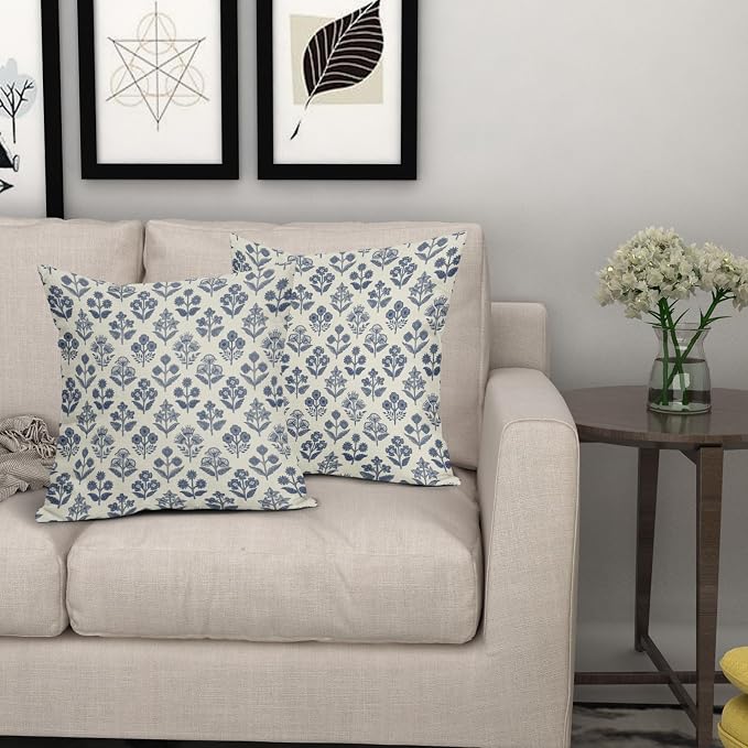Dark Blue Floral Pillow Covers 18x18 Inch Set of 2, Vintage Flower Block Print Pattern Decorative Throw Pillowcases Outdoor Farmhouse Cushion Covers Spring Summer Rustic Sofa Couch Bed Decor