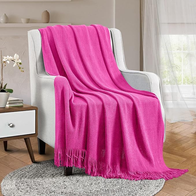 Vonty Hot Pink Knitted Throw Blanket with Tassels Fringe, 50x60 Acrylic | Super Soft And Lightweight, Year-Round Cozy Warmth, Farmhouse Decorative Style, Machine Washable, for Couch, Sofa or Bed