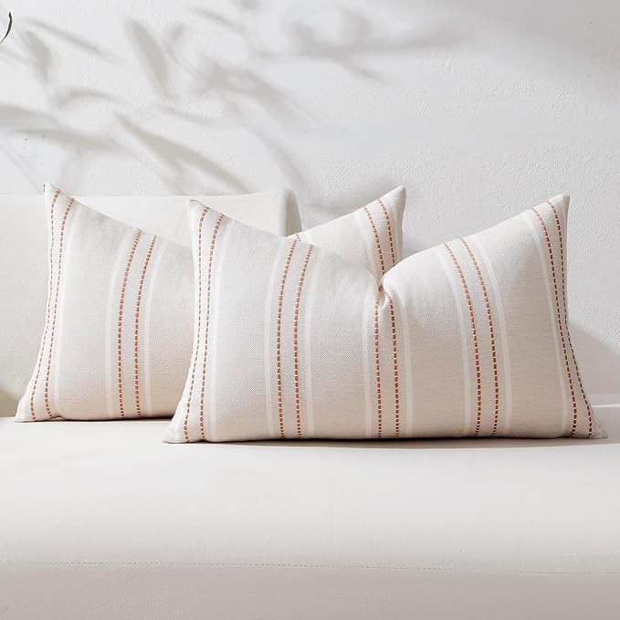 Hckot Terracotta Throw Pillow Covers 12x20 Set of 2 Striped Pillow Covers | Farmhouse Decorative Pillows Textured Linen Square Cushion Covers for Sofa Couch Bed Living Room Decor(Camel)