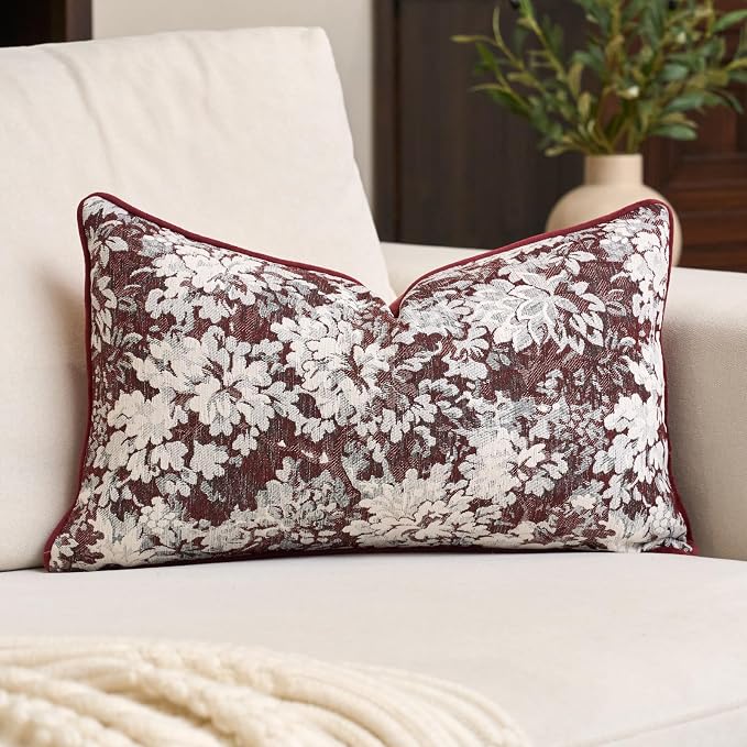 Alerfa Burgundy Neutral Floral Pillow Cover 12 x 20 Inch, Vintage Chenille Rectangle Couch Pillow Cover Soft Decorative Farmhouse Accent Pillowcase for Living Room Bedroom