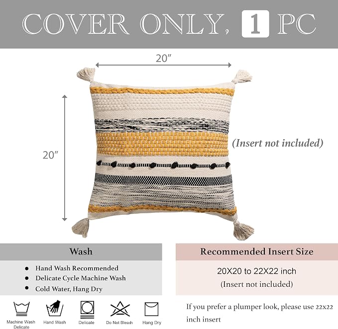 Yellow Mustard Decorative Throw Pillow Cover 20x20 Square Boho Accent Pillowcase Tassels Farmhouse Cushion for Couch Sofa Bedroom Living Room Home Décor Cover ONLY
