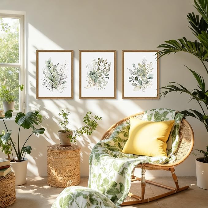 WRFON Framed Sage Green Botanical Wall Art Set of 3, Watercolor Eucalyptus & Wild Plant Canvas Prints, Minimalist Green Wall Decor for Living Room Bedroom Bathroom, 16x24 Inches
