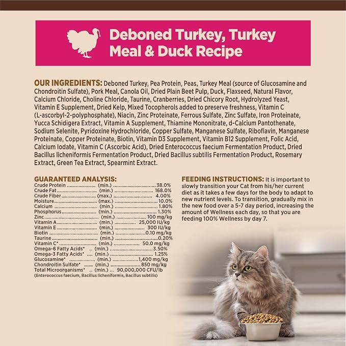 Wellness CORE Adult Dry Cat Food, Natural, Grain Free Kibble, Turkey and Duck Recipe, 11 lb Bag