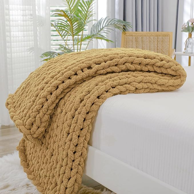 Bigacogo Chunky Knit Throw Blanket for Couch, 40x40 inches, Goldenrod | Hand Knit with Jumbo Chenille, Soft Breathable Cable Knit for Sofa Bed Living Room, Machine Washable, Gift for Mom Friend