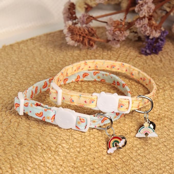 Cat Collars for Girl Cats & Boys, 2 Pack Soft Cotton Breakaway Collar with Removable Bell and Cute Charms, Adjustable Safety Pet Necklace, Rainbow