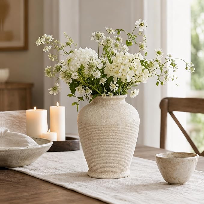 8.3" Beige Ceramic Vase, Small Vase with Rustic Bottle Shape | Vintage ceramic vase in light beige; small decorative vase for fresh flowers, dried stems, pampas grass, shelves and tables