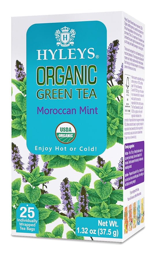 HYLEYS Organic Green Tea, Moroccan Mint Flavor - 25 Individually Wrapped Tea Bags - USDA Organic - Kosher & Vegan