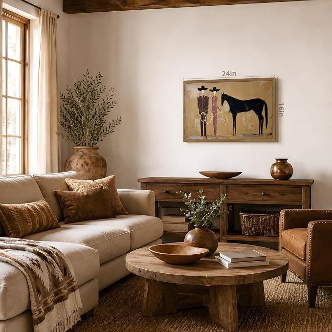 VziizV Vintage Western Cowboy Canvas Wall Art, Abstract Southwestern Cowgirl Artwork, American Ranch Farmhouse Decor, Minimalist Black Horse Canvas for Living Room Bedroom Wood Framed 12x16 Inch