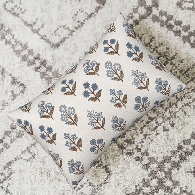 Brown Blue Pillow Covers 12x20 Inch Set of 2 Boho Block Print Floral Throw Pillows Vintage Flower Decorative Pillow Cases Outdoor Linen Farmhouse Cushion Cover for Couch Sofa Bed Decor