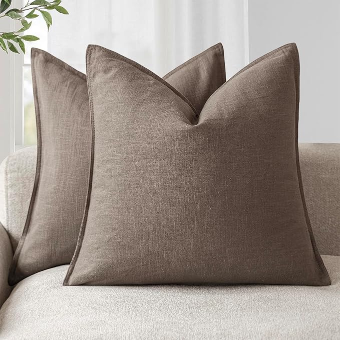 Foindtower Set of 2, Decorative Linen Solid Throw Pillow Covers Soft Accent Euro Cushion Case Farmhouse Neutral Pillowcase for Chair Couch Sofa Bedroom Living Room Home Decor 18 x 18 Inch Light coffee