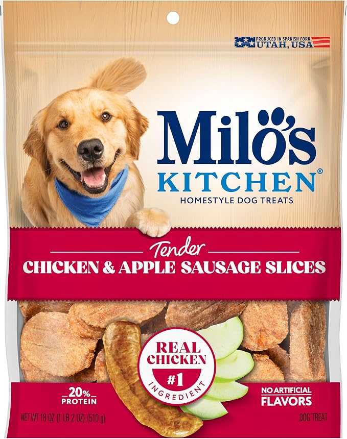 Milo’s Kitchen Chicken & Apple Sausage Slices Dog Treats, 18 Oz. Bag