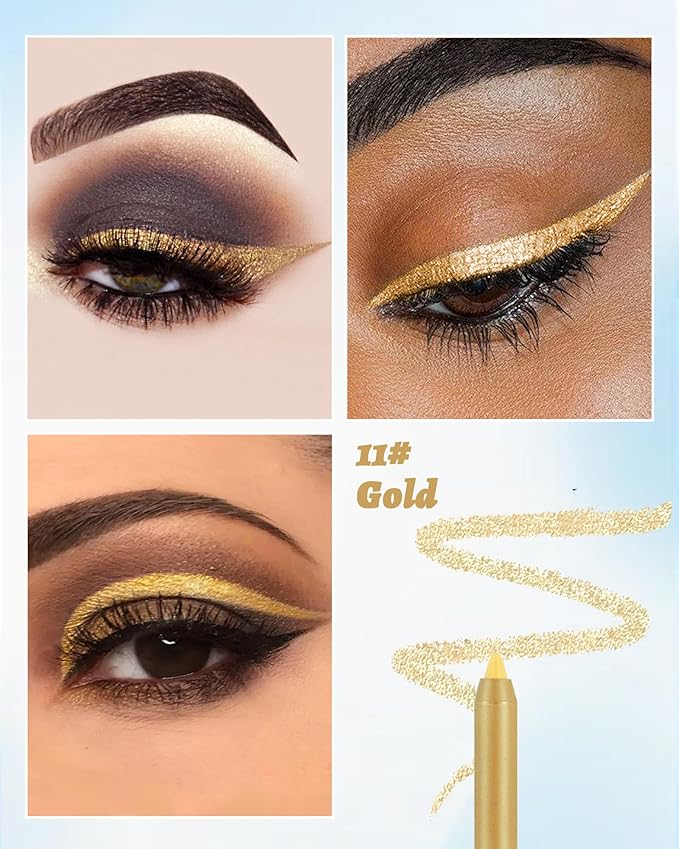 Waterline Gel Eyeliner Pencil, Gold Waterproof Smudge-Proof Long Lasting Eye Liner pencil with Sharpener, Hypoallergenic Creamy Smooth Eyeliner Pencils, High-Pigment Creamy Matte Formula-11