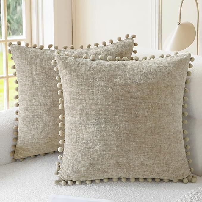 CaliTime Decorative Couch Throw Pillow Covers 22 X 22 Inches Taupe | Pack of 2, Cozy Chenille Cushion Cases, with Pom Poms for Sofa Bed Living Room Farmhouse Home